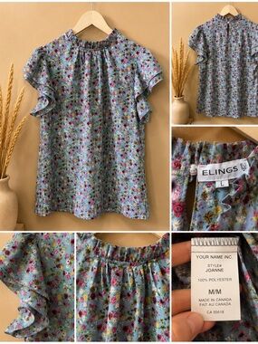 Elings Blue Floral Ruffle Sleeve Blouse